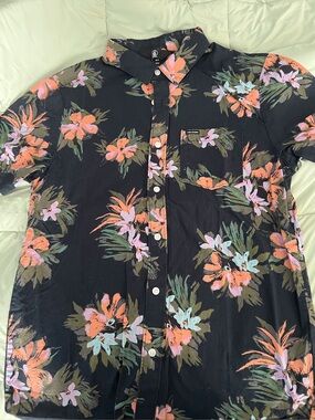 Volcom Black Floral Camp Shirt with Coral & Lavender Accents